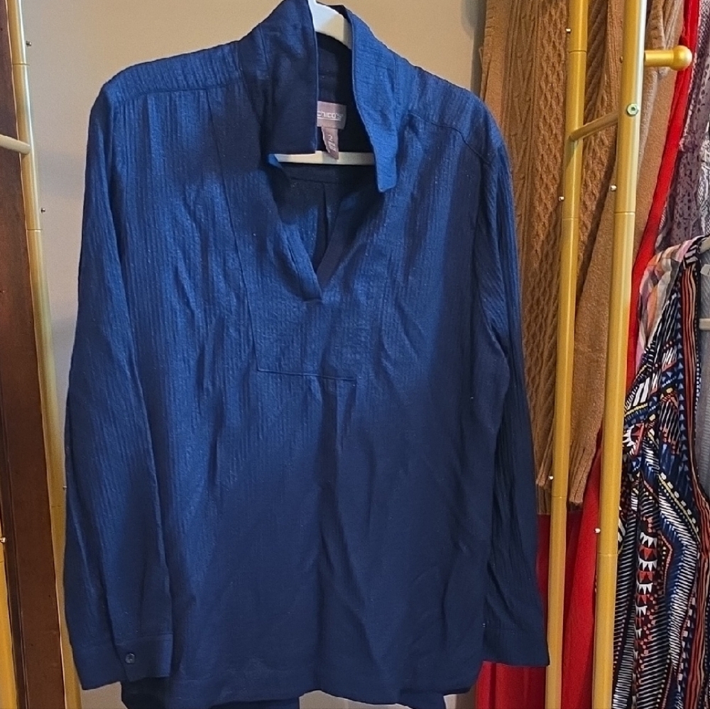 Chico's Deep Navy Shimmer Blue Long-Sleeve Tunic Top